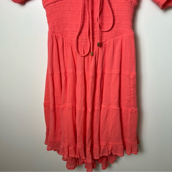 Free People Perfect Day V Neck Smocked Mini Dress Balloon Sleeve XS Watermelon - Picture 3 of 11